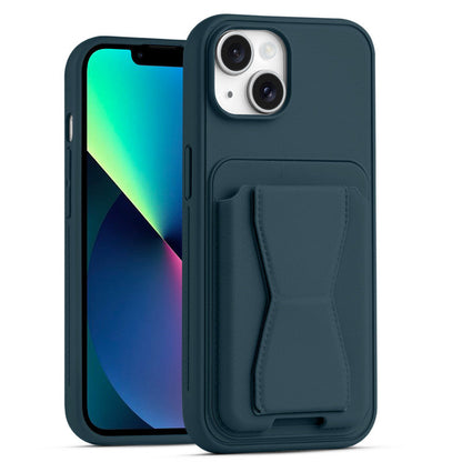 All in One Premium Leather Back Cover for Apple iPhone  with Card Slot & Foldable Grip Holde