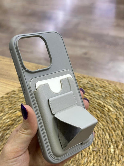 All in One Premium Leather Back Cover for Apple iPhone  with Card Slot & Foldable Grip Holde