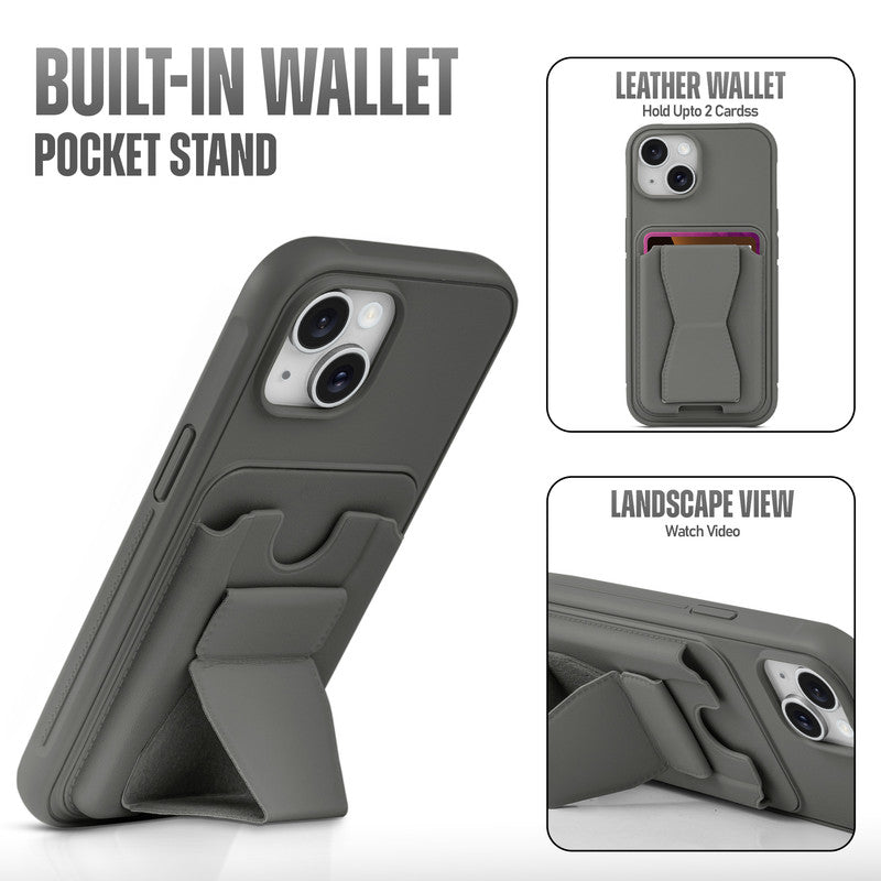 All in One Premium Leather Back Cover for Apple iPhone  with Card Slot & Foldable Grip Holde