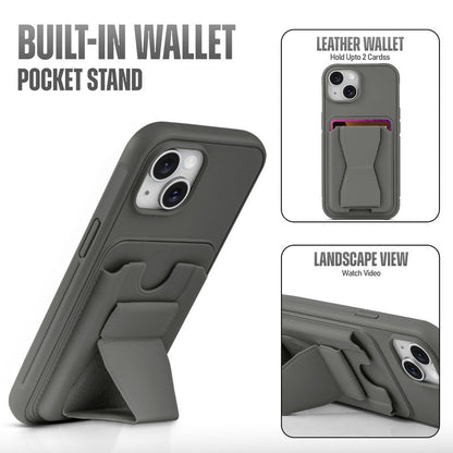 All in One Premium Leather Back Cover for Apple iPhone  with Card Slot & Foldable Grip Holde